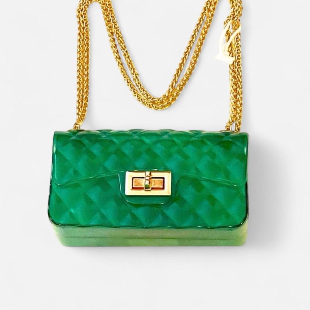 Green Quilted Look Jelly Bag Chain Shoulder Bag
